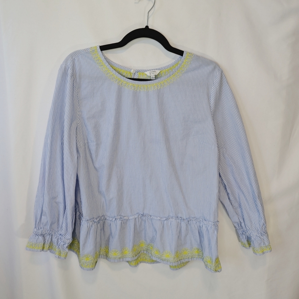 Crown & Ivy Peasant Top, Blue White Stripes Yellow Embroidered, Women's sz Large